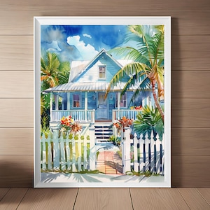 Key West Cottage Art Print, Florida Keys Watercolor Painting, Tropical Beach House Wall Art, Island Print, Travel Art, Travel Gift Download