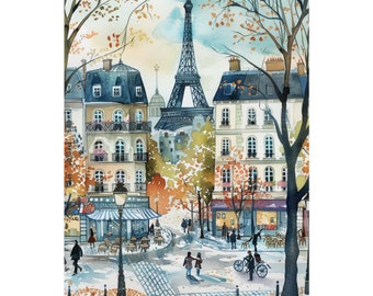 May include: A watercolor painting of a Parisian street scene with the Eiffel Tower in the background. The buildings are painted in shades of yellow, brown, and gray, and the trees are painted in shades of green, orange, and red. There are people walking on the street, and a cafe with a striped awning is visible in the foreground. The painting has a whimsical and charming feel.