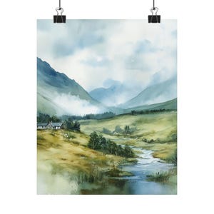 Scotland Wall Art, Scottish Highlands Print, Misty Mountains Landscape Watercolor Painting, UK Travel Print, Nature Travel Gift, Europe Art
