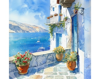 Coastal Greece Seascape Painting, Greek Wall Art, Greek Blue Door and White Building with Aegean Sea View Print, Greece Travel Art