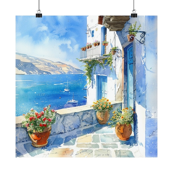 ギリシャ沿岸の海景画、ギリシャの壁画、エーゲ海の景色が見える