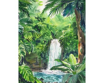 コスタリカのアート、緑豊かな熱帯雨林の絵画、ラ・フォルトゥナの滝の