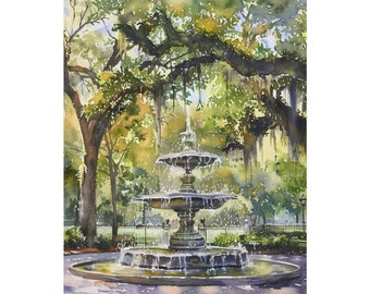 Savannah Forsyth Park Fountain Painting Oak Trees with Spanish Moss Wall Art Historic Southern Art Print Georgia Watercolor Vintage Painting