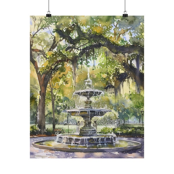 Savannah Forsyth Park Fountain Painting Oak Trees with Spanish Moss Wall Art Historic Southern Art Print Georgia Watercolor Vintage Painting