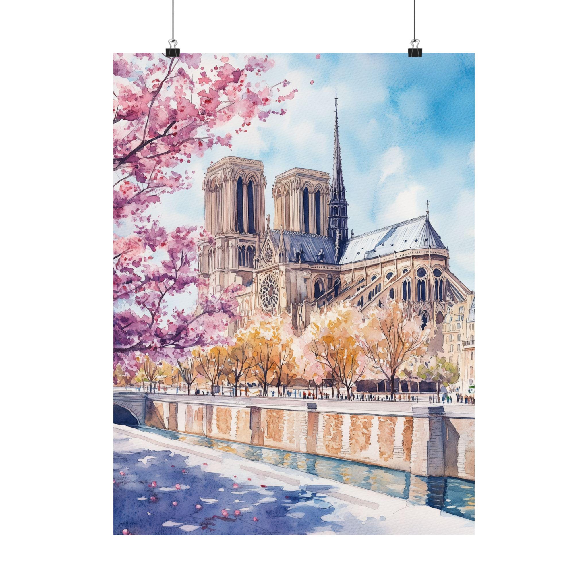 Paris Watercolor Print: Notre Dame, Seine River, Cherry Blossoms