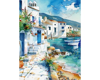 ギリシャの海景水彩画、ギリシャの島々の壁画、エーゲ海のアートワーク