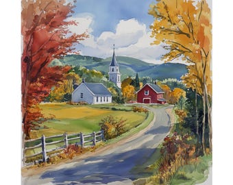 Vermont Landscape Art Print: Vintage Fall Watercolor Painting, Autumn USA Travel Poster Gift