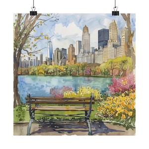 Wydruk z Nowego Jorku, Sztuka ścienna Central Park, Akwarela przedstawiająca panoramę Nowego Jorku, Dzieło sztuki wiosennej, Plakat z podróży po mieście w USA, Prezent z podróży do USA