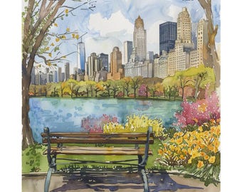 May include: A watercolor painting of a park bench in Central Park, New York City. The bench is facing a lake with a view of the city skyline. The trees are in autumn colors, and the sky is blue with white clouds.