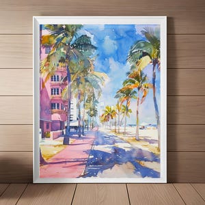 Miami South Beach Watercolor Art Print: Florida Boardwalk (Digital Download