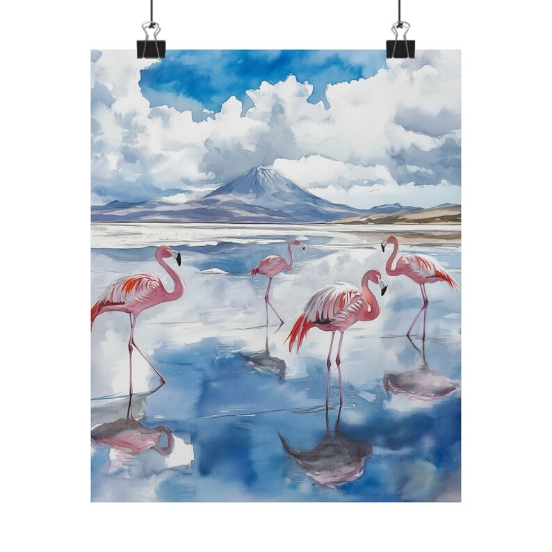 Bolivia Watercolor Painting: Pink Flamingos, Salar de Uyuni Art Poster image 4
