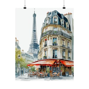 Parijs schilderij, Eiffeltoren aquarel kunst print, Parijse scène, hoekcafé, Frankrijk stadsgezicht kunst aan de muur, lente muur decor, reisposter, Parijse scène, Parijse scène