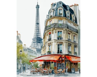 Paris Painting, Eiffel Tower Watercolor Art Print, Parisian Scene, Corner Cafe, France Cityscape Wall Art, Spring Wall Decor, Travel Poster