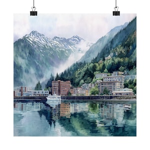 Juneau Watercolor Painting, Alaska Art Print, Alpine Mountain Artwork, Landscape Art, Alaska Travel Poster, Travel Gift, Alaska Wall Decor