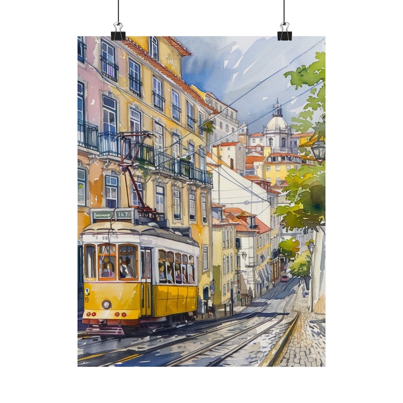 Lissabon Portugal Art Print, Lissabon Tram 28 Trolley Tram Artwork, Europese aquarel, stadsgezicht reisposter, reiscadeau afbeelding 7
