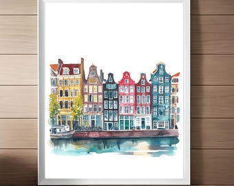 Amsterdam Painting Spring Cityscape Watercolor Art Print, Netherlands Illustration Spring Wall Decor, Amsterdam Wall Art Instant Download