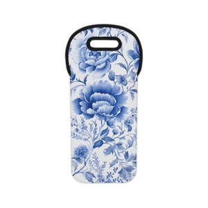 Chinoiserie Wine Tote Bag, Blue Peony Wine Tote, Porcelain Print Wine Bag, Floral Neoprene Wine Tote, Hostess Gift, Bridesmaid Gift