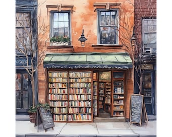 New York Bookshop, New York Wall Art, Watercolor Painting, Bookstore Art Print, Travel Gift, Manhattan Art, New York Wall Decor, NYC Art
