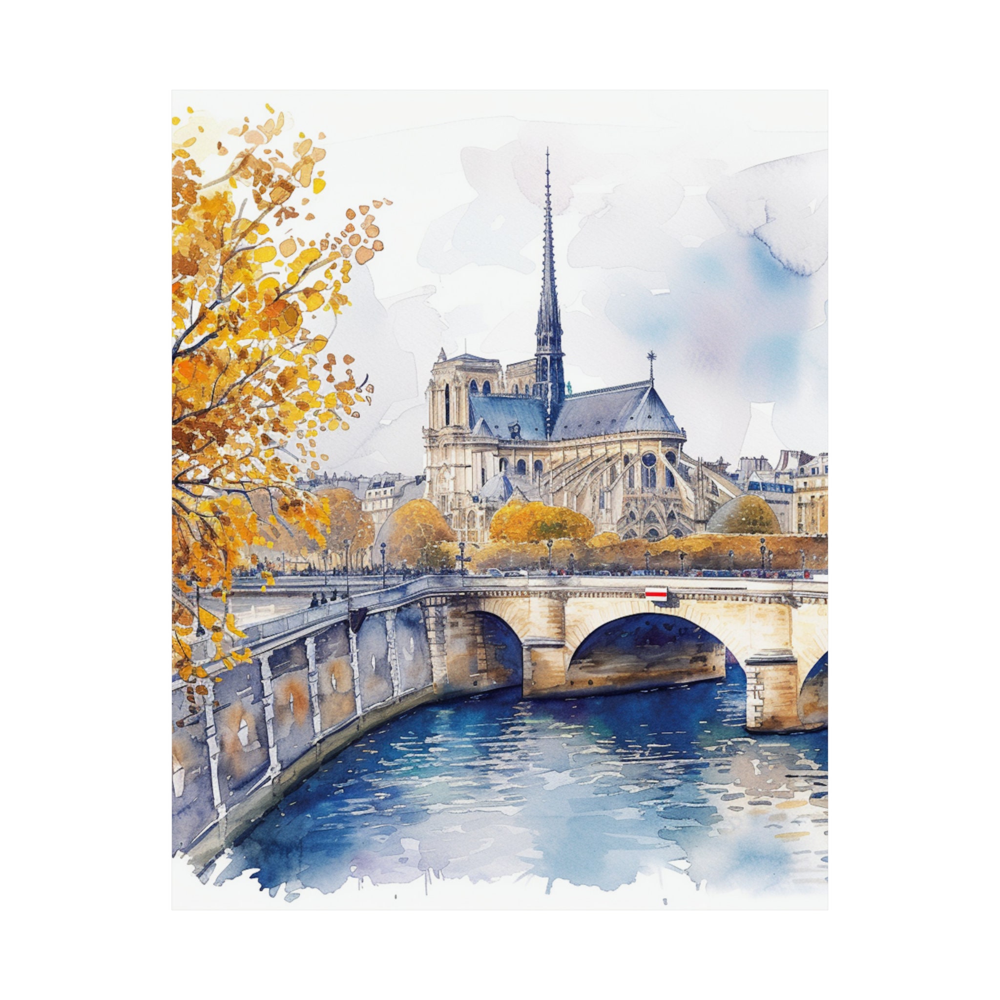 水彩画原画　パリのホテル「ノートルダム」 ノートルダム大聖堂パリアート、セーヌ川の壁画アート、パリ
