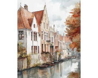 ブルージュの絵画、ベルギーのアートプリント、都市景観の水彩画