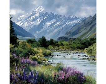 Mount Cook New Zealand Painting: Mountain Art Print, Travel Poster Gift