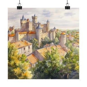 Carcassonne Frankreich Malerei, Französische Wandkunst, Aquarell Stadtbild Druck, Mittelalterliches Schloss, Europäisches Stadt Reise Poster, Europa Reisegeschenk