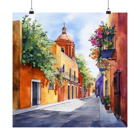Puebla Art, Mexico Streetscape Watercolor Painting, Zocalo