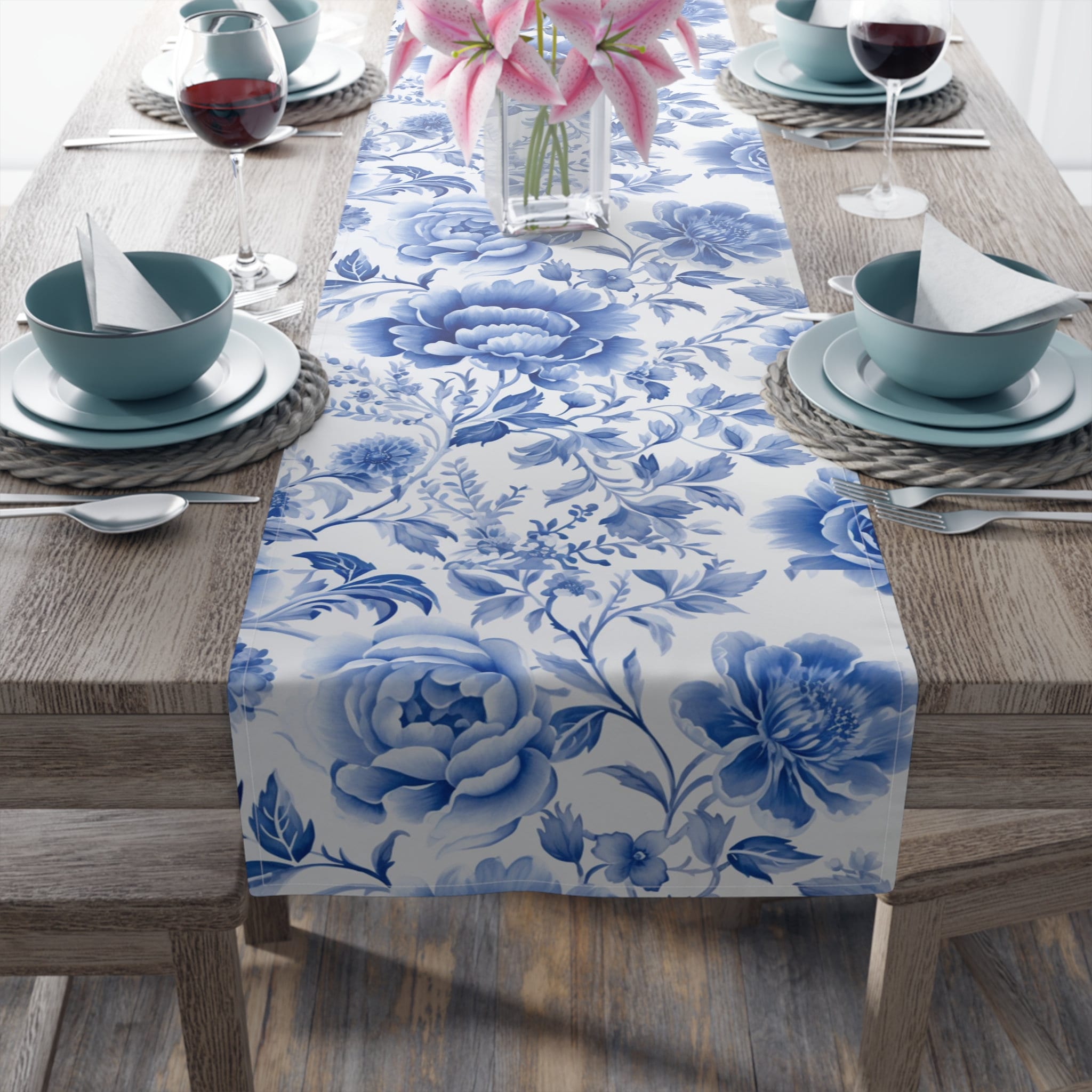 Chinoiserie Table Runner, Porcelain Print Table Runner, Blue White