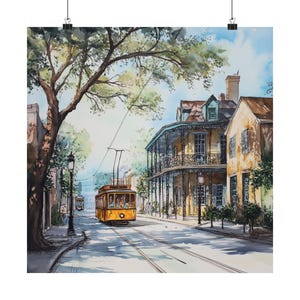 Impressão artística do bonde de Nova Orleans, pintura em aquarela de Nova Orleans, bonde, arte do sul da Louisiana, pôster de viagem, presente de arte de parede de Nova Orleans