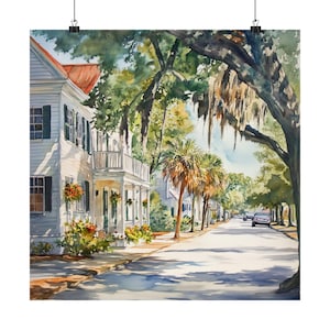 Beaufort South Carolina Watercolor Painting, Mossy Oak Trees Art, Southern USA Artwork, Carolinas Travel Poster, Travel Gift