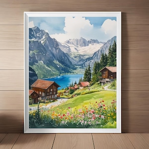 Gimmelwald Switzerland Watercolor Painting, Swiss Alps Art Print, Oeschinen Lake, Mountains Landscape, Travel Art Gift, Digital Download