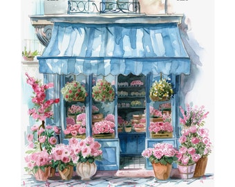Paris Art, French Flower Shop Print, Watercolor Painting, Parisian Florist, France Wall Art, European Streetscape, Europe Cityscape Decor