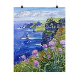 Ireland Painting Emerald Isle Wall Art Cliffs of Moher Watercolor Print Ireland Coastal Landscape Irish Wall Decor Seascape Art Travel Art