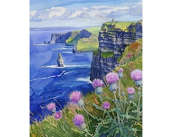 Irland Emerald Isle Wand Kunst Cliffs of Moher Aquarell Druck Irland Küstenlandschaft Irische Wand-Dekor Meerlandschaft Kunst Reise-Kunst