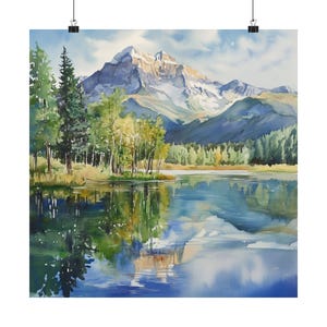 May include: A watercolor painting of a mountain lake with a snow-capped mountain in the background. The lake is reflecting the blue sky and the green trees on the shore.
