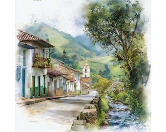 Pintura en acuarela de Salento, Colombia, lámina artística de paisaje urbano colorido, póster de viaje de regalo