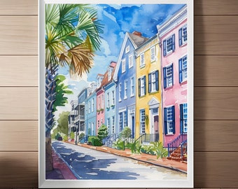 Puede incluir: Pintura acuarela de una fila de casas coloridas con una palmera en primer plano. Las casas están pintadas en tonos de azul, amarillo, rosa y verde. La calle está pavimentada y hay sombras de los árboles.