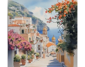 Positano Italy Watercolor Print: Vintage Mediterranean Seascape Poster