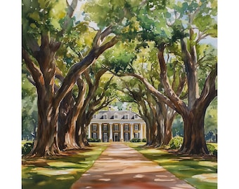 Oak Alley Plantation Print, Louisiana Art, Southern US Watercolor Painting, Oak Trees Wall Art, New Orleans Travel Poster, Travel Gift