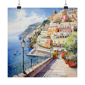 Positano Italy Wall Art Print, Italian Watercolor Painting, Coastal Mediterranean Artwork, Colorful Cityscape, European Travel Poster Gift