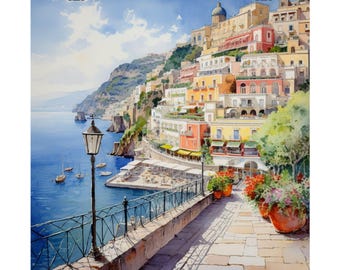 Positano Italy Watercolor Print: Coastal Mediterranean Cityscape Art, Travel Poster Gift