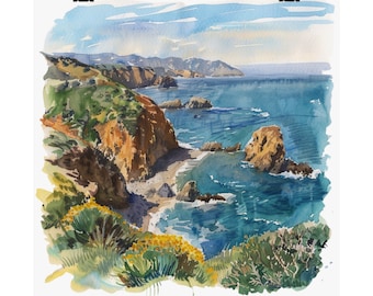 Art du parc national des îles Anglo-Normandes, impression aquarelle, peinture des îles anglo-normandes, affiche de voyage côtière de la Californie, impression d'art mural, art scénique