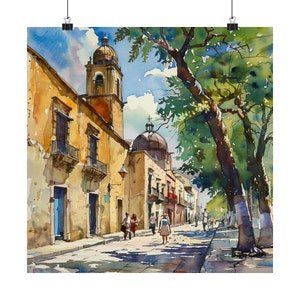 Oaxaca Poster, Mexico Streetscape Watercolor Art Print, Travel Wall Art Gift, Oaxaca City Wall Decor