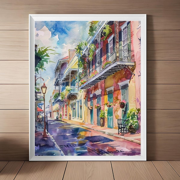 French Quarter Art Print, New Orleans Painting, Louisiana Artwork, Streetscape Watercolor Print, Travel Poster, Wall Art Digital Download