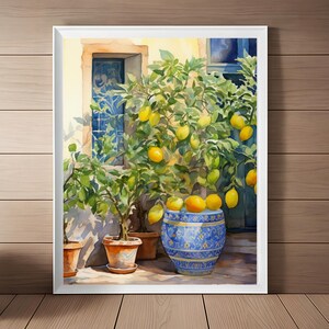 May include: A watercolor painting of a lemon tree with ripe yellow lemons in a blue and white ceramic pot. The tree is in front of a building with a tiled window and a wooden door.