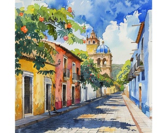 Oaxaca Mexico Poster, Oaxaca City Colorful Streetscape Watercolor Wall Art Print, Mexico Wall Decor Travel Art Gift, Latam Travel Poster