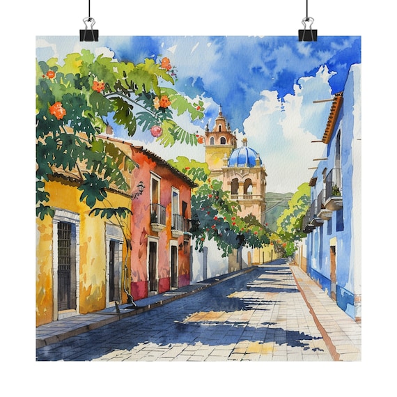 Oaxaca Mexico Poster, Oaxaca City Colorful Streetscape Watercolor