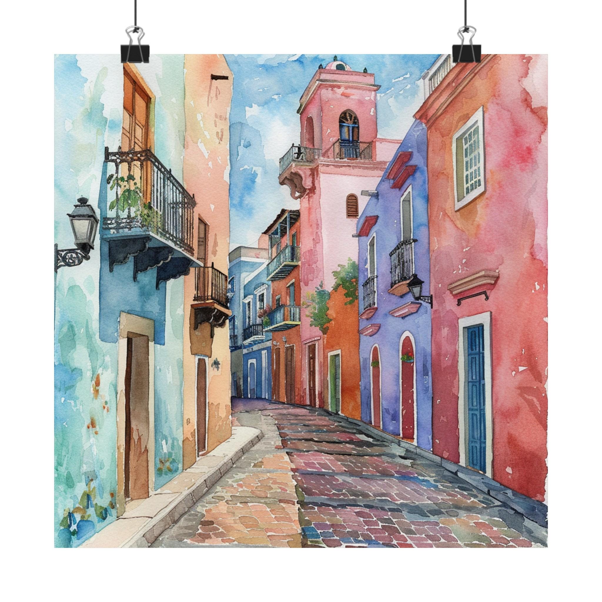 Puerto Rico Art, Old San Juan Painting, Watercolor Streetscape, Colonial Spanish Architecture, Colorful Cityscape Art, Travel Wall Art Print