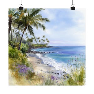Hawaii Watercolor Painting Art Print: The Big Island, Hawaiian Artwork, Tropical Print, Palm Trees, Seascape Travel Poster Gift