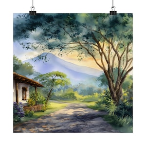 May include: Watercolor painting of a scenic landscape featuring a road leading towards a mountain. A house with a brown roof and a large tree are on the left. The sky transitions from blue to yellow.